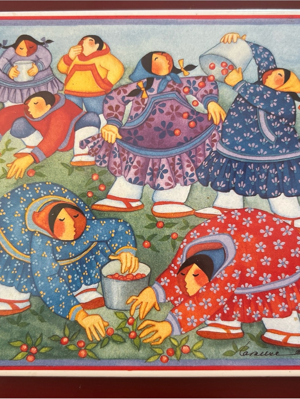 Barbara Lavallee Ceramic Tile Trivet 1995 Eskimos Calicos Collect  Berries
